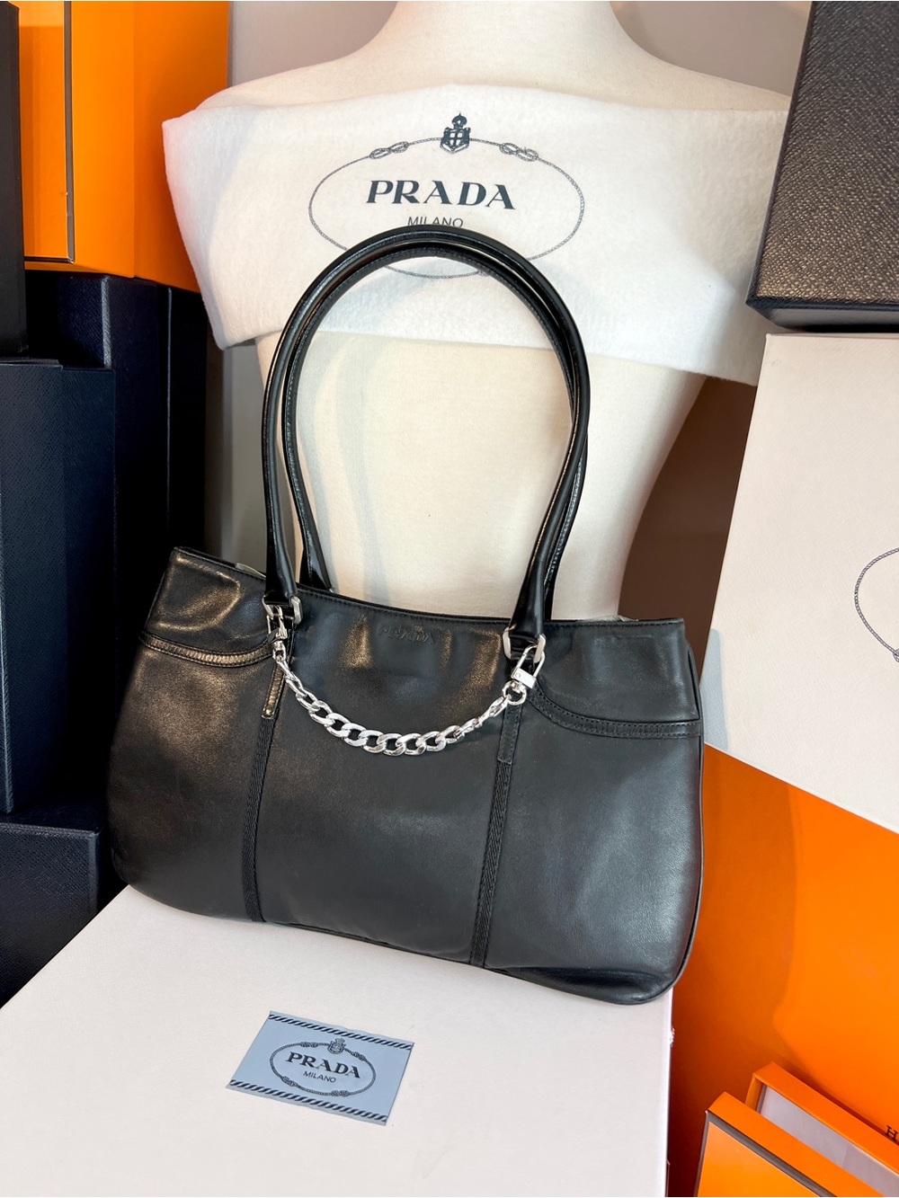 Prada🌟Black Smooth Leather and silver hardware Shoulder Bag! Offers welcome! - Picture 11 of 16